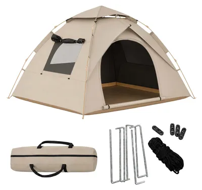 Immagine prodotto di Tenda da campeggio Relaxdays, per 3-4 persone, montaggio rapido, protezione UV, zanzariera, dimensioni: 145x200x220 cm, tenda automatica, color beige