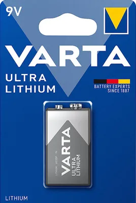 A Varta 9V Ultra Lithium battery in its retail packaging.