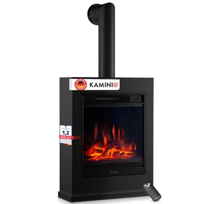 Produktbild von KAMINIO Elektrokamin KALLE mit Ofenrohr - Elektrischer Standkamin mit Heizung, 3D-Flammeneffekt, Fernbedienung -  Schwarz, KI-generiertes Bild