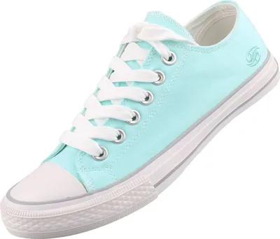 A single aqua canvas sneaker with white laces and a white sole, shown from a diagonal angle against a white background.