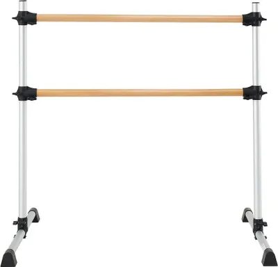 Imagen del producto de Barra de ballet independiente, doble, con altura ajustable de 170 a 1165 mm, fabricada en haya y aluminio, color plateado. Ideal para ballet, pilates y fitness