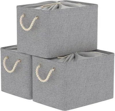 Produktbild von Unyqoos® Faltbare kubusförmige Aufbewahrungskörbe 3er-Set, Grau – Robuster Stoff, Zugbandverschluss & verstärkte Tragegriffe für Schrank- & Regalaufbewahrung