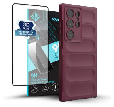 Produktbild von Handy Hülle für Samsung Galaxy S24 Ultra mit 9H Displayglas Displayschutz Plus Grip Case Cover Schutzhülle Softgrip Farbe: Burgunder Rot