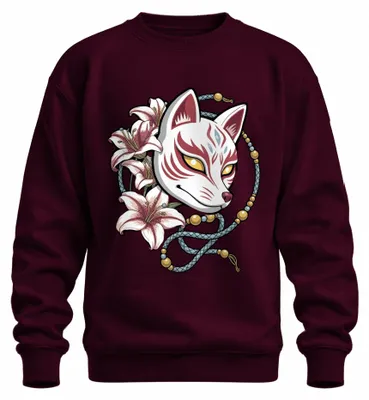 Immagine prodotto di Felpa con cappuccio, stile giapponese, con motivo "Kitsune" (volpe), fiori di giglio, ispirazione giapponese, stile Y2K, elementi mitologici, colore bordeaux, taglia L