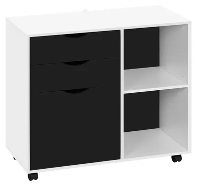 Image de Armoire de bureau mobile - Classeur - 3 tiroirs - Étagère de rangement réglable - Monté sur roulettes - Bois - Blanc et noir