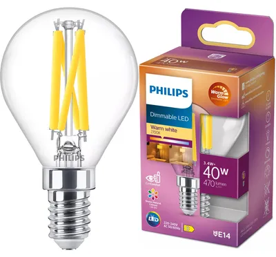 Zdjęcie produktu dla Philips Świeczka żarnikowa przezroczysta 40 W P45 E14, 3,4 W, 40 W, E14, 470 lm, 15000 h, Ciepły blask