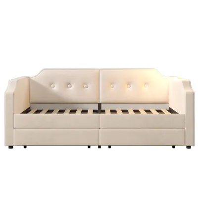 Produktbild von Flieks Schlafsofa Polsterbett 90x200cm mit USB & Leselicht, Stauraumbett Einzelbett mit 2 Schubladen, Funktionsbett Tagesbett Sofabett, Samt, Beige