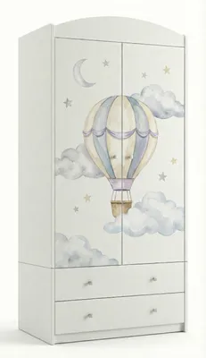 Image de Armoire pour enfants avec un motif ravissant – Armoire à 2 portes pour chambre d'enfant avec 2 tiroirs, tringle à vêtements et étagères, blanche (88 x 187 x 54 cm)