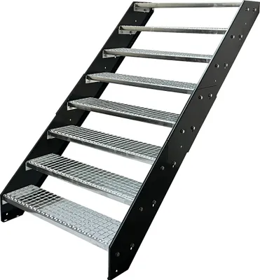 Produktbild von Stahl Wangentreppe Gitterroststufen 8 Stufen - Verzinkt & Anthrazit pulverlackierten Wangen - (B x H x T) 80 x 152 x 158 cm