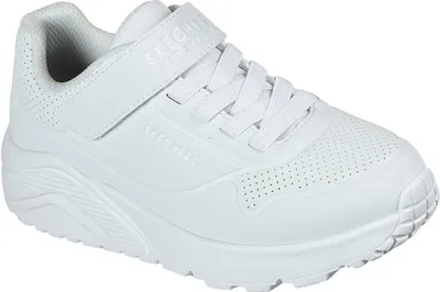 A white Skechers Uno Lite sneaker for children is shown from a side angle against a white background.