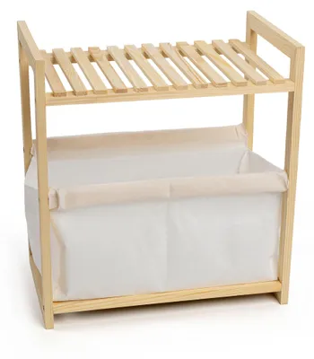 Produktbild von Holz Badezimmerregal natur mit Stoffkorb - 39 x 36 cm - Standregal im Scandi-Design klein mit Ablage und Korb