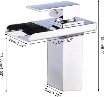 A chrome waterfall faucet with dimensions indicated by text overlays.