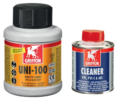 Produktbild von HAF - Griffon PVC-U Kleber Uni-100 in 250ml Dose + Griffon PVC Reiniger / Cleaner 125ml | Spezialkleber & Spezialreiniger für Montage von PVC Rohr