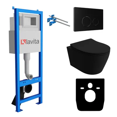 Produktbild von Lavita LAV 101 Vorwandelement für WC 40cm + Wand Hänge Tiefspül WC PRAIA Schwarz Spülrandlos + Bedienplatte LAV 200.4.4 Schwarz | Komplettset | Unterputz Spülkasten | Toilette Komplett Sett