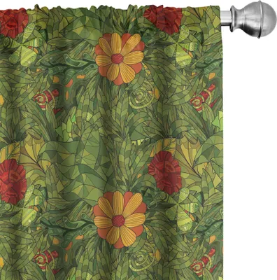 Produktbild von ABAKUHAUS Blumen Vorhänge, Gardinen, Flippiger Blumen-Laub-Busch mit Fractal-Retro Dschungel-Kunst-Entwurf, 2 Stück 75 x 175 cm, Olivengrün Zinnoberrot