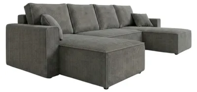 Produktbild von AMBER U Ecksofa U-Form 305x140 cm Cord Schlafsofa Bettkasten Wohnlandschaft links rechts Dunkelgrau / Stahlblau PetFriendly