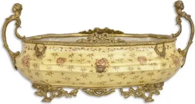 Produktbild von Casa Padrino Jugendstil Blumenschale Beige / Messingfarben 45 x 23,7 x H. 5,3 cm - Porzellan Pflanzenschale - Barock & Jugendstil Deko Accessoires