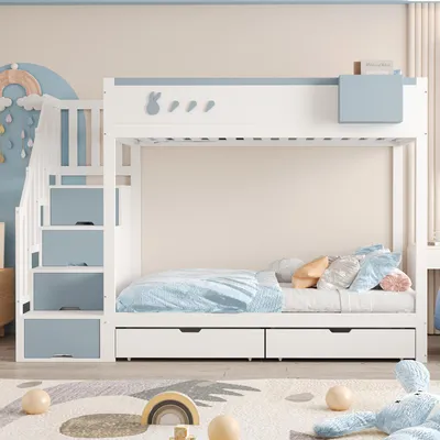 Produktbild von MODFU Etagenbett 90×200cm Jugendbett mit abnehmbarem Ablagefach,Kinderbett mit Kaninchenmotiven und Karottenmotiven,Holzbett mit Schubladen,Weiß+Blau-ohne Matratze