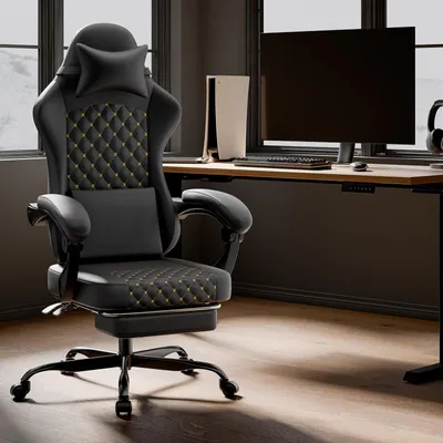 Image de Fauteuil de gaming en similiCuir synthétique, avec fonction de massage, repose-pieds, ergonomique, capacité de 150 kg - Noir
