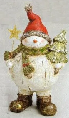 Schneemann aus Keramik, der einen roten Hut trägt und einen grünen Schal um den Hals trägt.