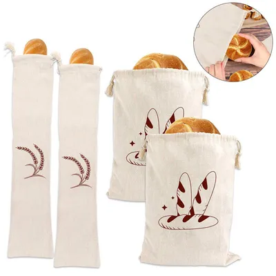 Produktbild von Brotbeutel Leinen 4er Set mit Kordelzug wiederverwendbare Brotsäcke für Baguette Brot Obst und Gemüse atmungsaktive Aufbewahrung