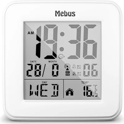 Produktbild von Mebus digitaler Funk-Wecker mit Thermometer, Beleuchtung und Kalender, kompakt & stabil / Farbe: Weiß / Modell: 25594
