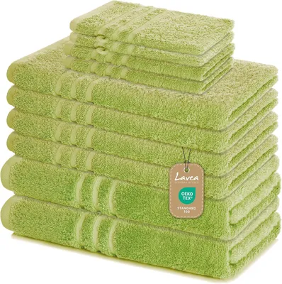 Produktbild von Lavea® Elena 10-teiliges Handtuch Set - 100% Baumwolle, 4x Handtuch + 2x Duschtuch + 2x Gästetuch + 2x Waschhandschuh, Bad & Gäste, Lindgrün