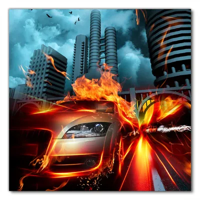 Produktbild von Wallario selbstklebende Möbelfolie/ Tischdecke für Innen und Außen, Größe: 70 x 70 cm - Brennendes  fahrendes Auto