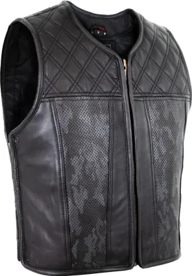 Produktbild von Biker Lederweste Herren Schwarz Echtleder Rindsleder Clubweste Kutte Camo Stepp(L)