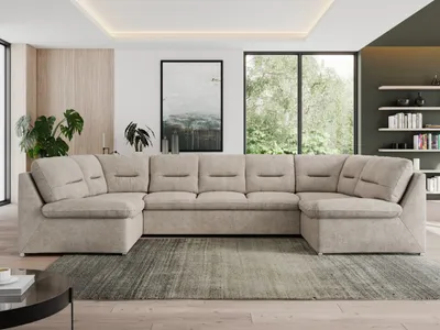 Produktbild von Sofa XXL U-Form Beige, Wohnlandschaft U Form mit Schlaffunktion, Sofa mit Schlaffunktion, Schlafsofa, Wohnzimmer Couch mit schlaffunktion - Morbido U - Beige Stukture