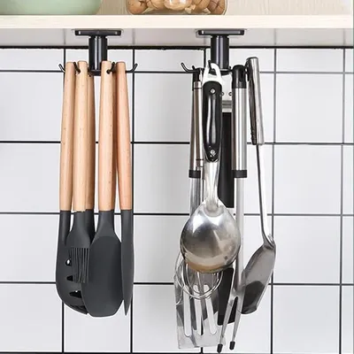 Produktbild von PolkaHome® 2er Set 360° drehbarer Küchenhalter mit 6 Haken, ohne Bohren, Aufbewahrung, Organizer für Küche/Bad/Garderobe (Schwarz)