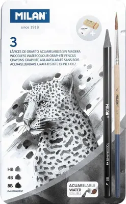 Produktbild von Milan Aquarell-Graphitstifte holzfrei 3 (hb/4b/8b) + 1 Anspitzer + 1 Radiergummi + 1 Pinsel im Metalletui