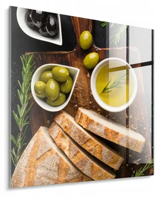 Imagen del producto de STYLER, cuadro de vidrio, 30x30 cm, diseño "Pan y aceitunas", motivo de cocina, decoración para pared, ideal para cocina o comedor