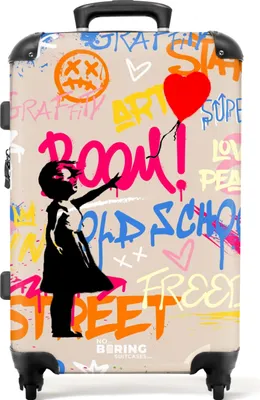 Obrázek produktu pro NoBoringSuitcases.com Středně velký pevný kufr 67x43x25 cm, 72L, barevné graffiti potisky: Béžová - ve stylu Banksy, cestovní kufr na 4 kolečkách