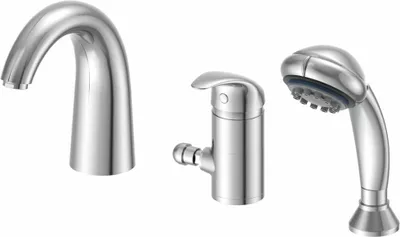 A studio shot of three chrome bathroom fixtures against a white background.