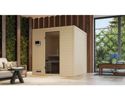 Produktbild von Massivholzsauna Karibu Wojave ohne Ofen und Dachkranz mit graphitfarbiger Ganzglastür