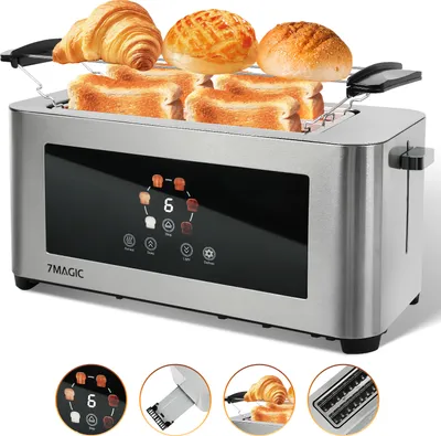 Produktbild von 7MAGIC Toaster Edelstahl 4 Scheiben XXL 1400W mit Brötchenaufsatz, Touchscreen, 6 Bräunungsstufen, Automatik-Langschlitztoaster mit Auftaufunktion, Brotzentrierung, Wärmeisolierendes Gehäuse, Silber