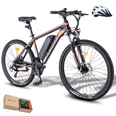 An electric mountain bike with a helmet and gift box.