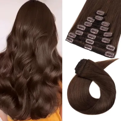 Zdjęcie produktu dla Pasemka do włosów, naturalne włosy, brązowe, 45 cm, Remy Hair, 8 pasemek, podwójne pasemka