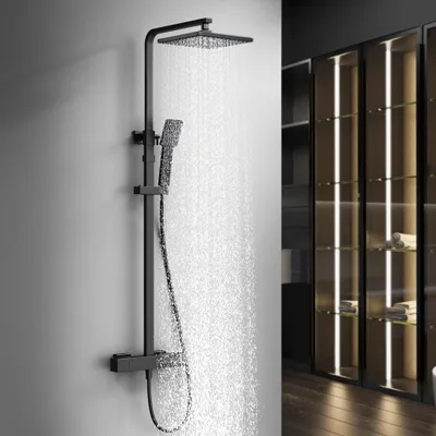 Produktbild von HOMELODY Duschsystem mit Thermostat 38℃ Duscharmatur Schwarz Regendusche Duschset, verstellbare Edelstahl Duschstange Duschset, Messing