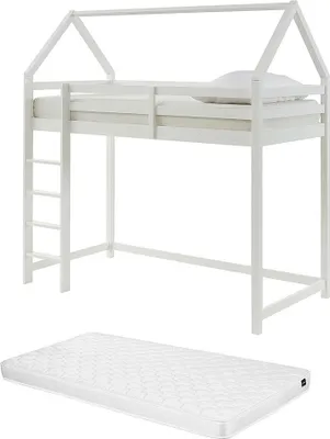 Produktbild von Mezzanine Haus Bett 90 x 190 cm - Kiefer Holz - Weiß + Matratze - TARZIA
