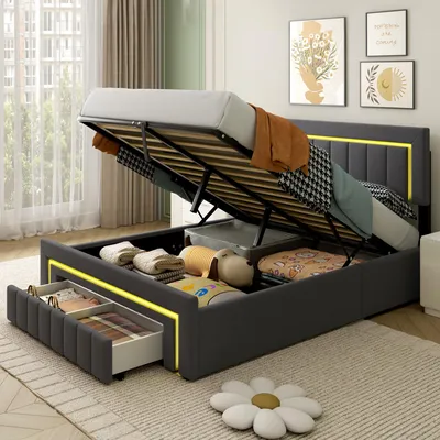 Produktbild von MODFU Boxspringbetten 140X190 mit Bettkasten und Schubladen auf Rollen,Polsterbett mit LED-Kopfteil,Jugendbett mit Lattenrost,ohne Matratze,Grau