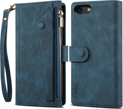 Produktbild von Schutzhülle für iPhone 8/7/6s/6/iPhone SE 2020/SE 2022 Reißverschluss Hülle, Leder Klapphülle Kartenfach Standfunktion Brieftasche mit Trageband Blau