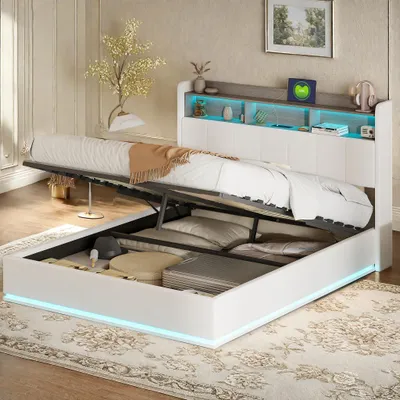 Obrázok produktu pre Manželská posteľ 160x200 cm v bielej zamatovej látke s úložným priestorom v čele postele, integrovaný LED pásik v spodnej časti