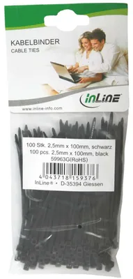 Produktbild von InLine Kabelbinder, Länge 100mm, Breite 2,5mm, schwarz, 100 Stück, Schwarz, 78,5 N, -20 - 85 °C, 100 mm, 2,5 mm, 2,5 mm
