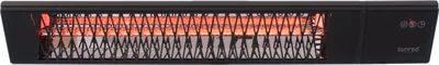 A black infrared heater with its heating elements glowing orange/red, viewed from the front.