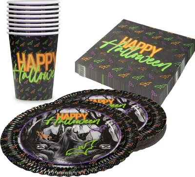 Produktbild von Halloween Neon 36-teiliges Party-Set für Kindergeburtstag Halloweenparty Deko Kinderparty Set