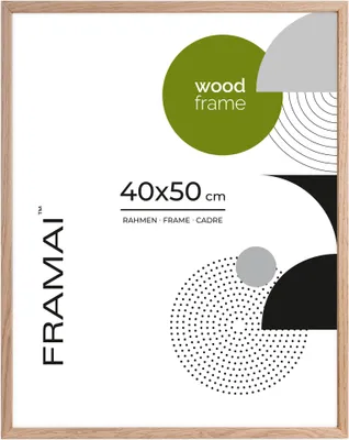 A product image of a wooden picture frame with graphic design elements.