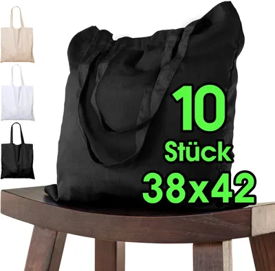Produktbild von Baumwolltasche 38x42cm 10 Stück schwarz unbedruckt lange Henkel Stofftasche