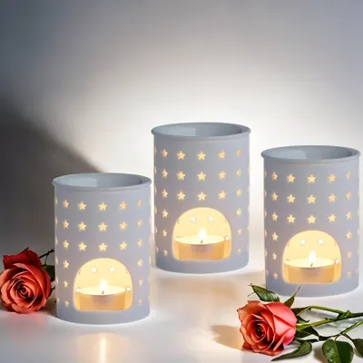 Produktbild von 3er Set Duftlampe Tuan 4 aus Keramik für Teelicht in Weiß | LampeAroma Duft öl | Windlicht Teelichthalter innen und außen | Weiße Landhaus Duftlampen Aromalampen als Dekoration